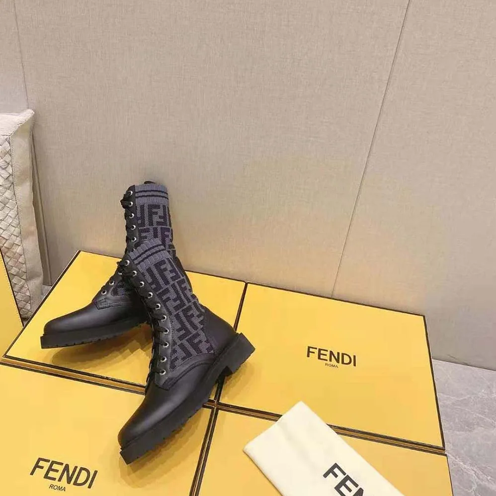 Fendi Rockoko Black Leather Biker Boots with Stretch Fabric for Women