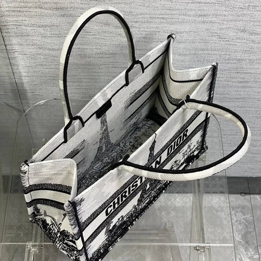 Dior Medium Dior Book Tote White and Black Paris Embroidery for Women