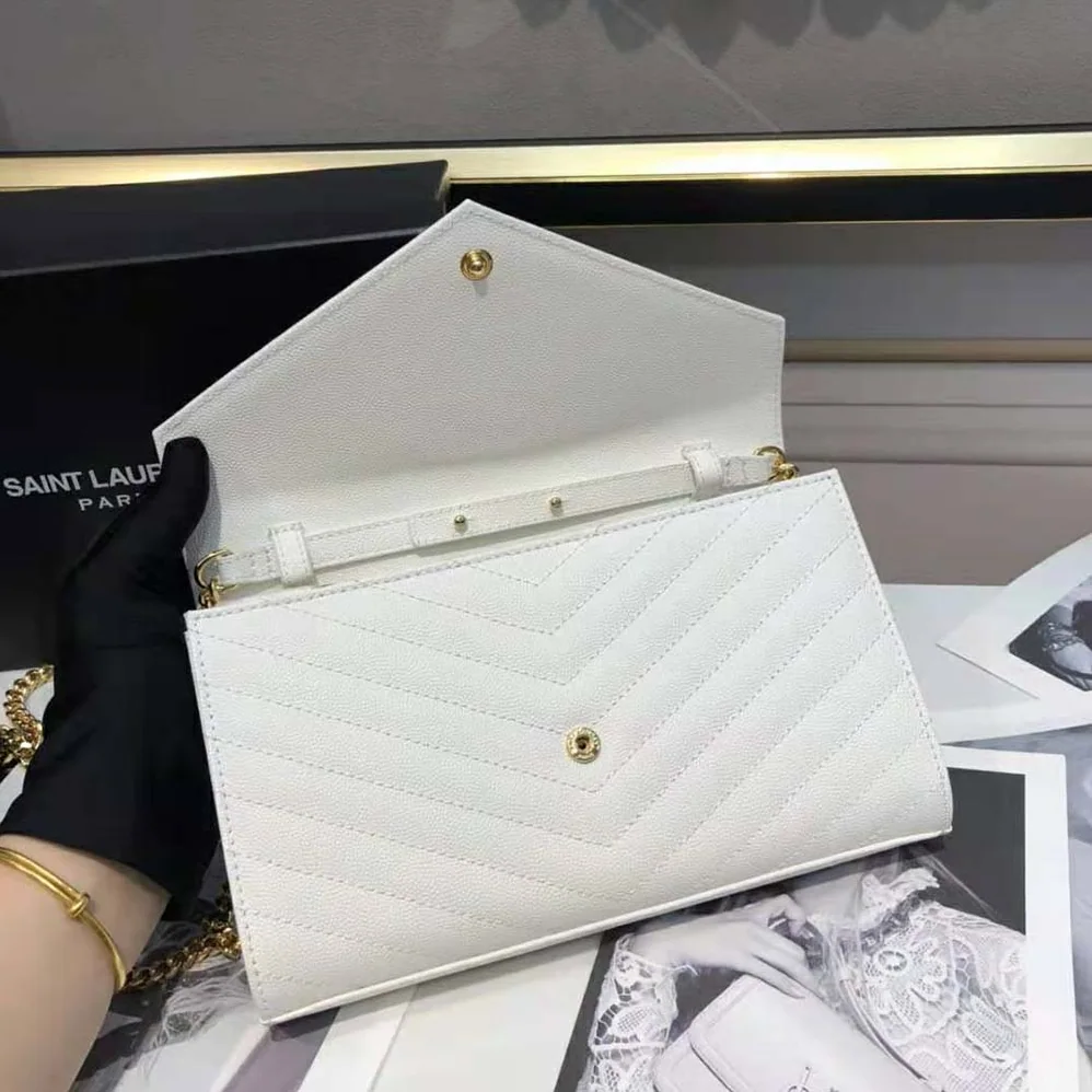 Saint Laurent YSL Monogram Chain Wallet in Grain De Poudre Embossed Leather for Women in White