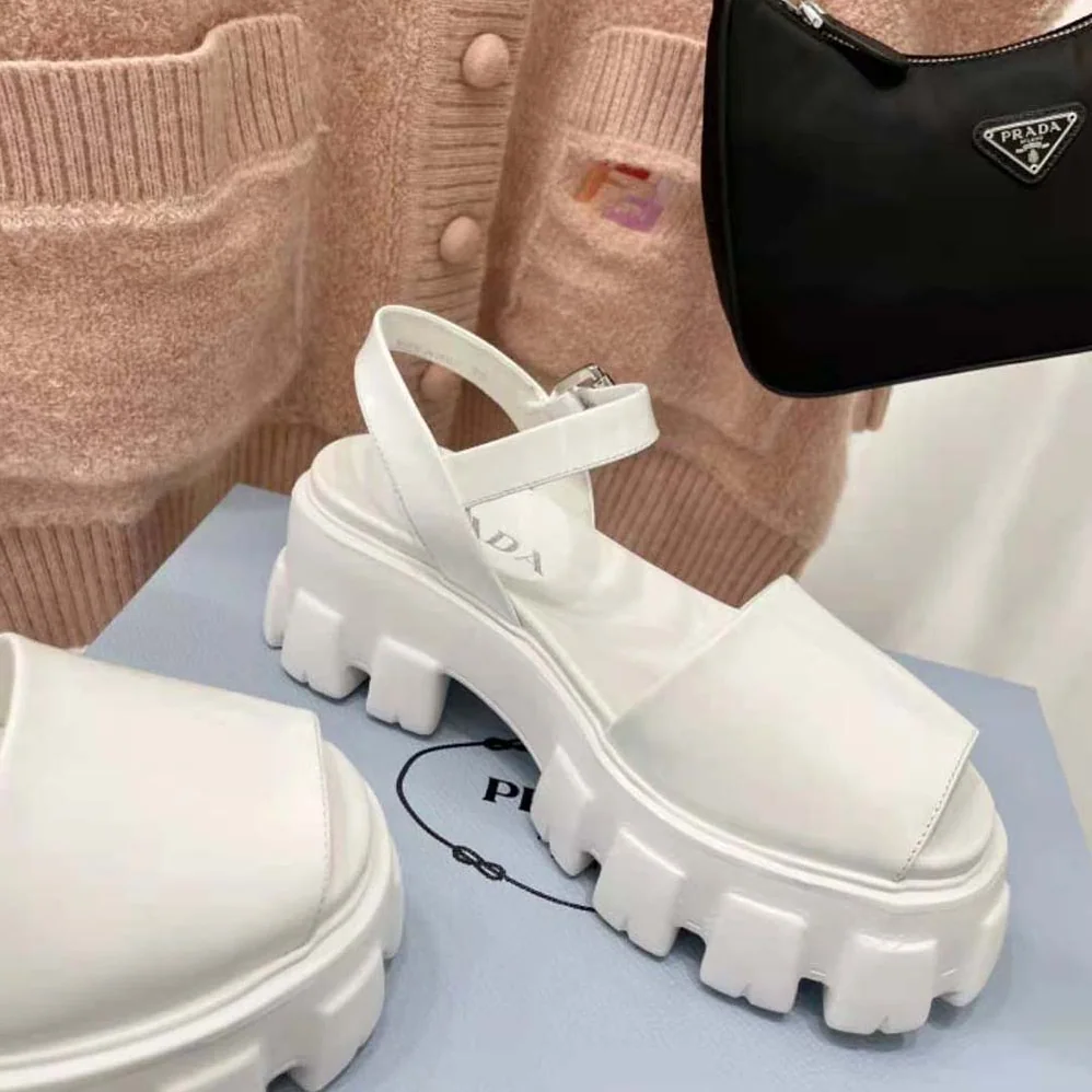 Prada Monolith Brushed Leather Sandals in 55mm Heel for Women in White