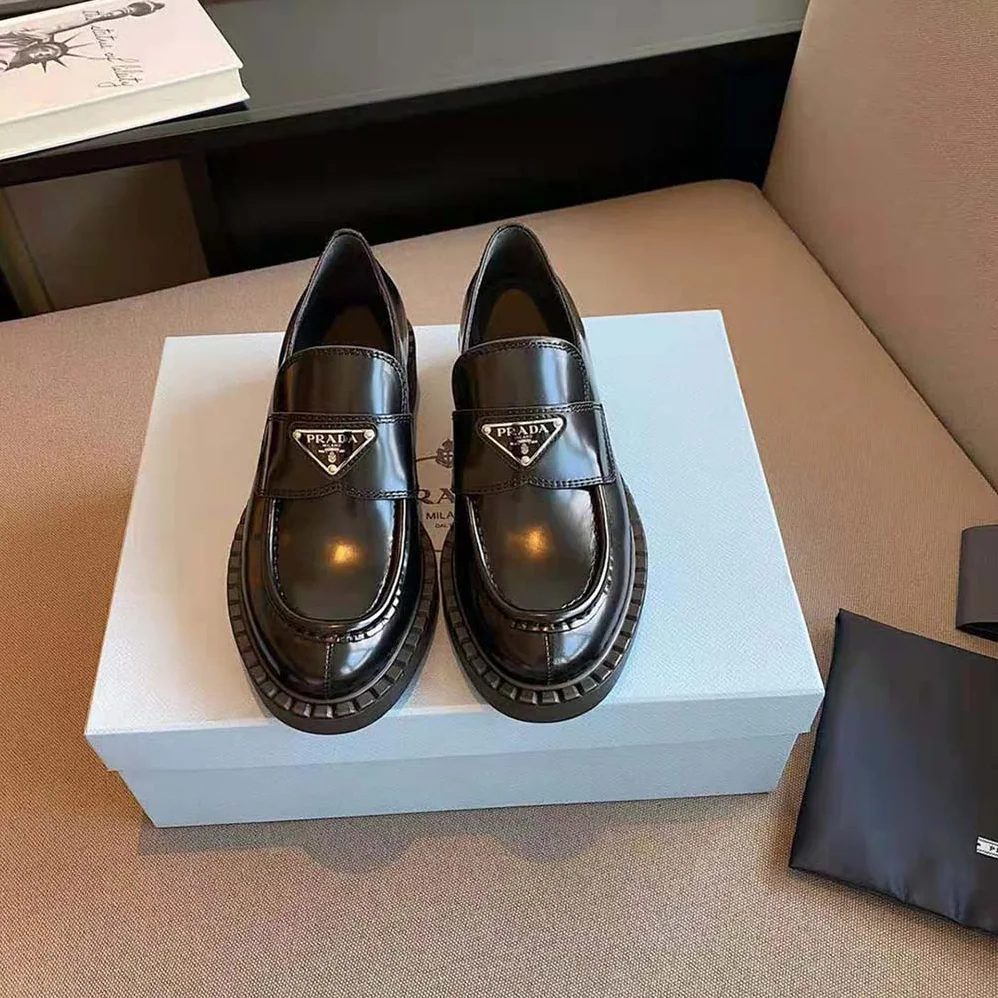Prada Brushed Leather Loafers for Women in Black