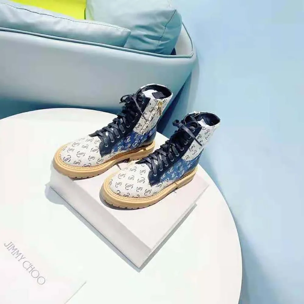 Jimmy Choo Cora Flat Sand Dune JC Monogram Jacquard and Leather Mix Combat Boots for Women