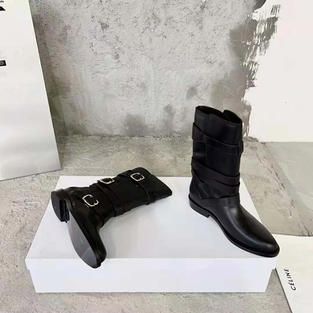 Celine Lyra Triple Buckles Boot in Calfskin for Women in Black