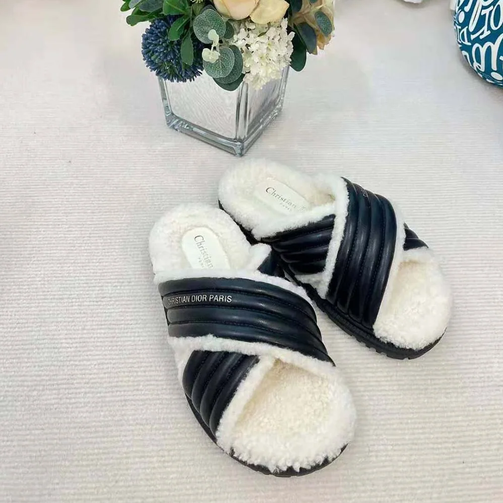 Dior D-Cross Slide Black Lambskin and White Shearling for Women