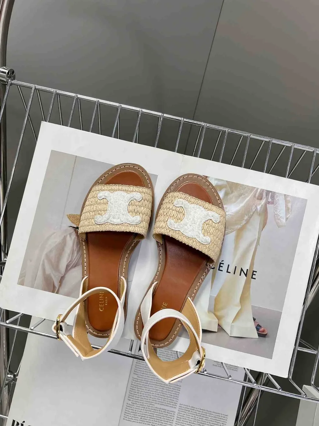 Celine Lympia Flat Strap Sandal In Raffia White .02GH