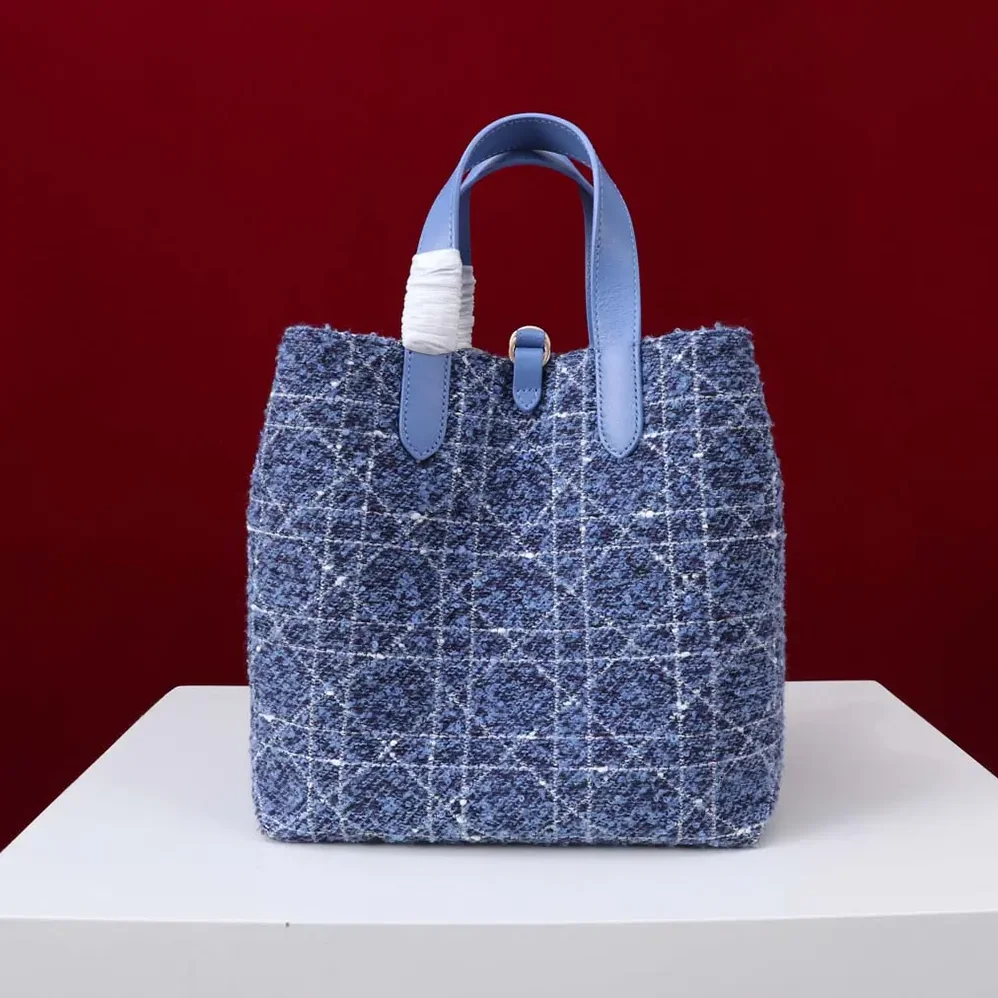 Dior Medium Dior Toujours Vertical Tote Bag Blue Tweed with White Cannage Motif for Women Dior Medium Dior Toujours Vertical Tote Bag Blue Tweed with White Cannage Motif for Women