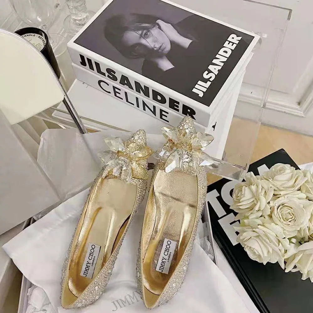 Jimmy Choo Attila Rose Gold Crystal Covered Pointy Toe Flats for Women Jimmy Choo Attila Rose Gold Crystal Covered Pointy Toe Flats for Women