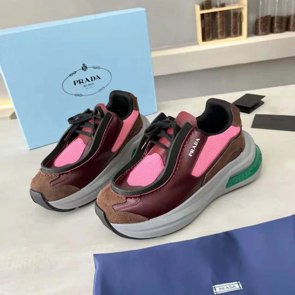Prada Brushed Leather Sneakers with Bike Fabric and Suede Elements for Men in Pink