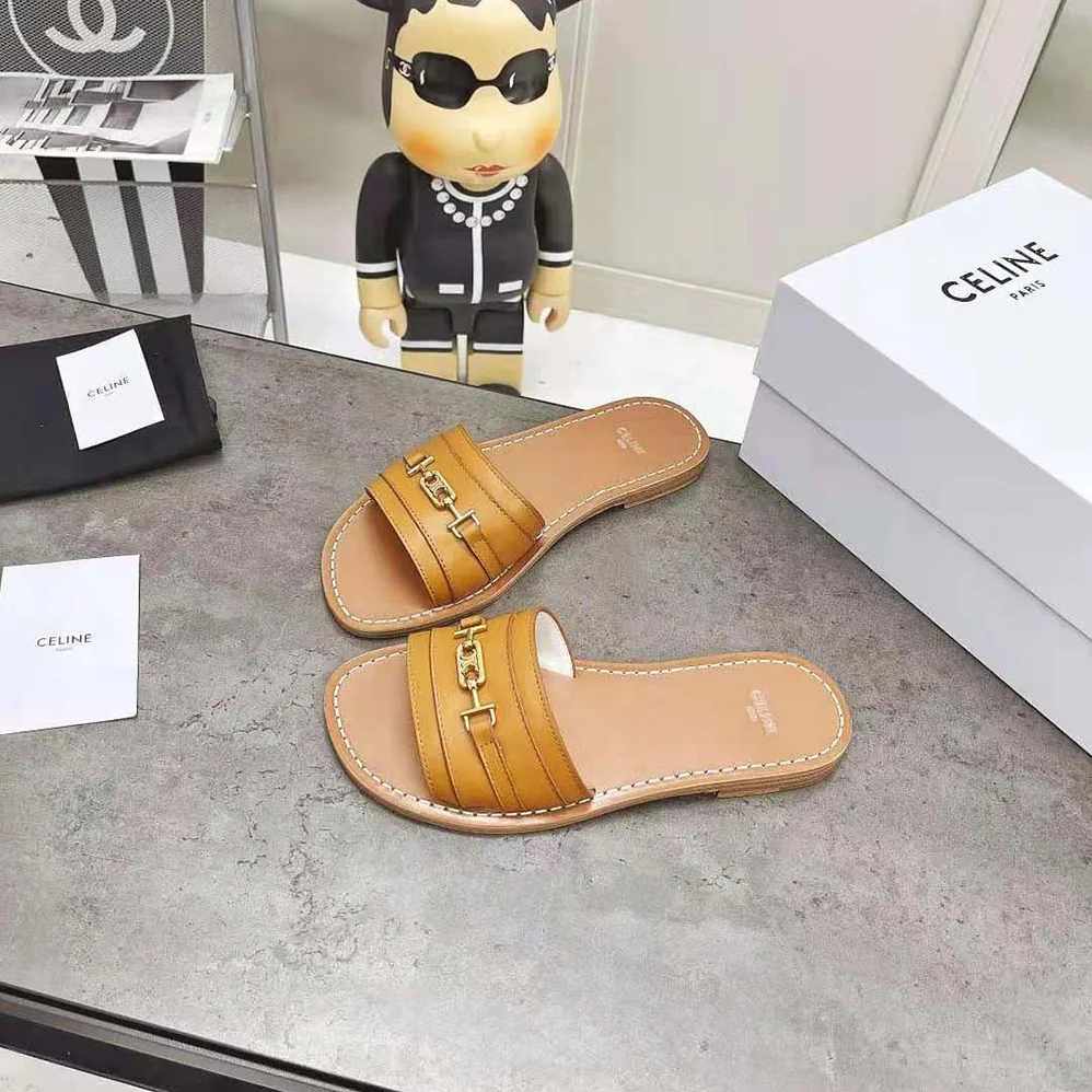 Celine Lerins Triomphe Slide in Vegetal Calfskin for Women in Brown