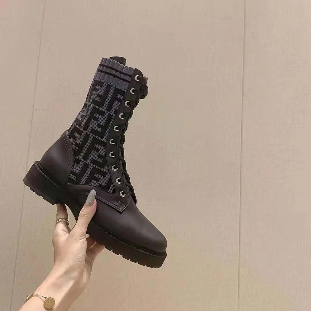 Fendi Rockoko Black Leather Biker Boots with Stretch Fabric for Women