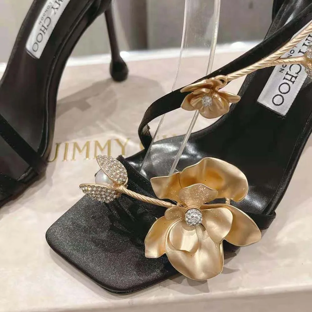 Jimmy Choo Zea 95 Black Satin Sandals with Metal Flowers-ZEA95BGU for Women Jimmy Choo Zea 95 Black Satin Sandals with Metal Flowers-ZEA95BGU for Women