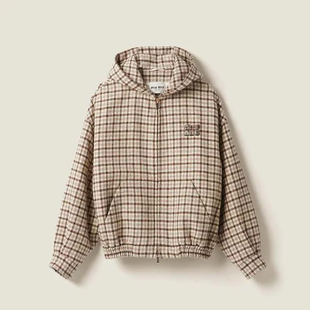 Miu Miu Check Blouson Jacket with Embroidered Logo for Women Miu Miu Check Blouson Jacket with Embroidered Logo for Women