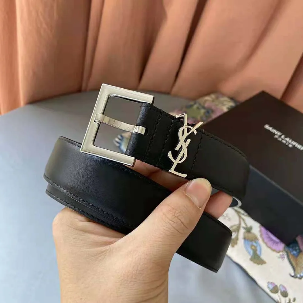Saint Laurent YSL Monogram Narrow Belt with Square Buckle in Smooth Leather for Women