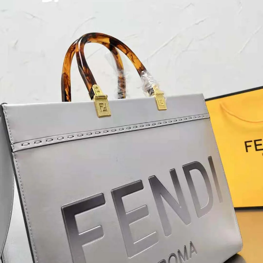 Fendi Fendi Sunshine Medium Silver Laminated Leather Shopper for Women