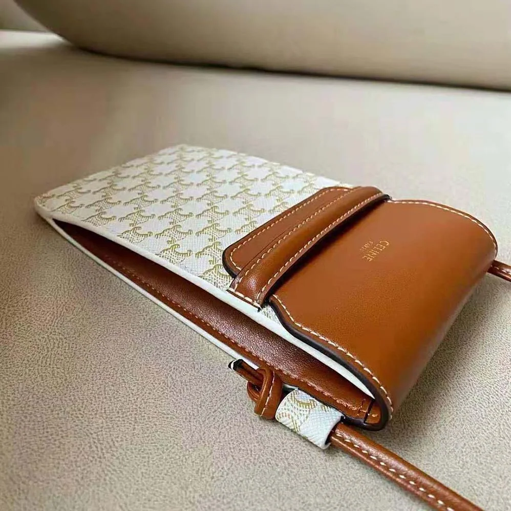 Celine Phone Pouch with Flap in Triomphe Canvas and Lambskin for Women in Beige Celine Phone Pouch with Flap in Triomphe Canvas and Lambskin for Women in Beige