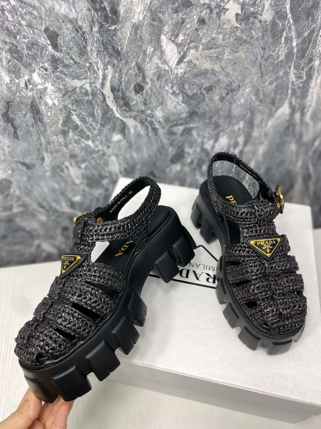 Prada Monolith Crochet Cage Sandals Black Prada Monolith Crochet Cage Sandals Black