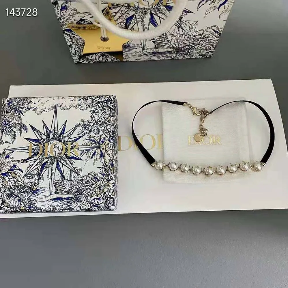 Dior D-Renaissance Choker Gold-Finish Metal with Black Grosgrain and White Resin Pearls for Women Dior D-Renaissance Choker Gold-Finish Metal with Black Grosgrain and White Resin Pearls for Women