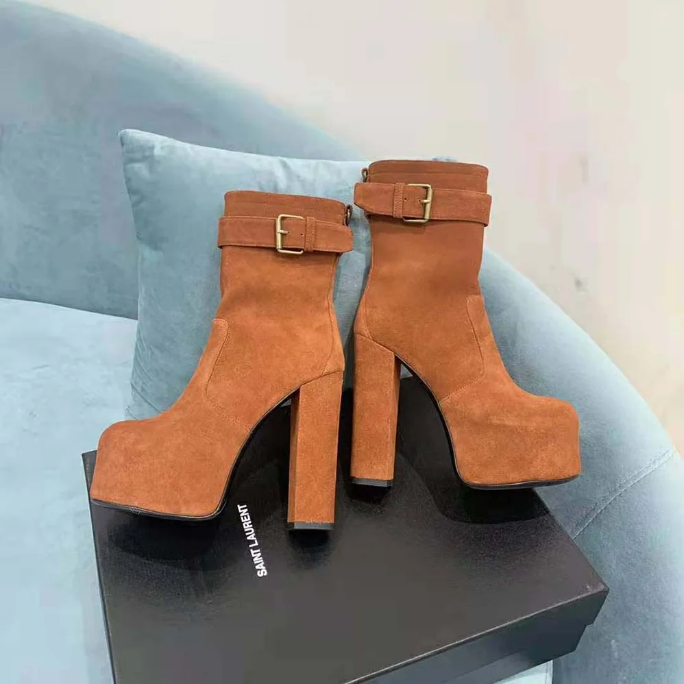Saint Laurent YSL Cherry Buckle Platform Booties in Suede for Women in Brown Saint Laurent YSL Cherry Buckle Platform Booties in Suede for Women in Brown