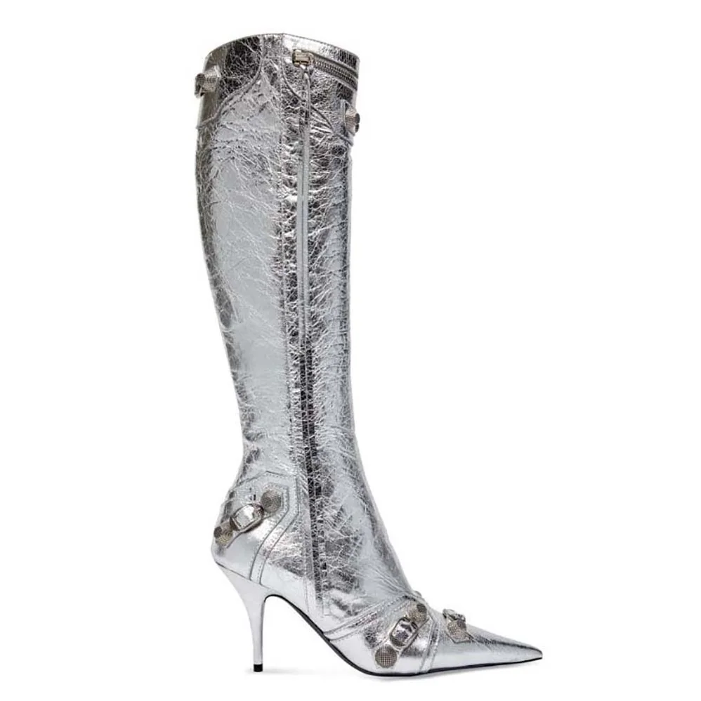 Balenciaga Cagole 90mm Boot in Silver Mmetallized Arena Lambskin for Women Balenciaga Cagole 90mm Boot in Silver Mmetallized Arena Lambskin for Women