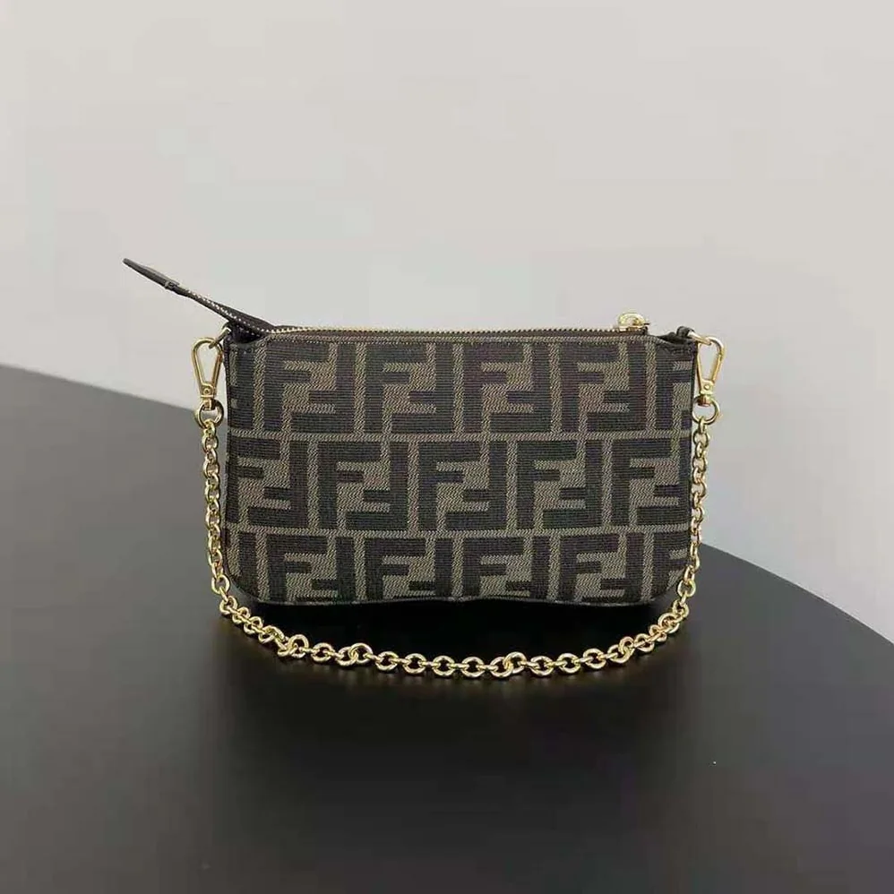 Fendi Baguette Pouch Brown Jacquard FF Fabric Clutch with Chain for Women Fendi Baguette Pouch Brown Jacquard FF Fabric Clutch with Chain for Women