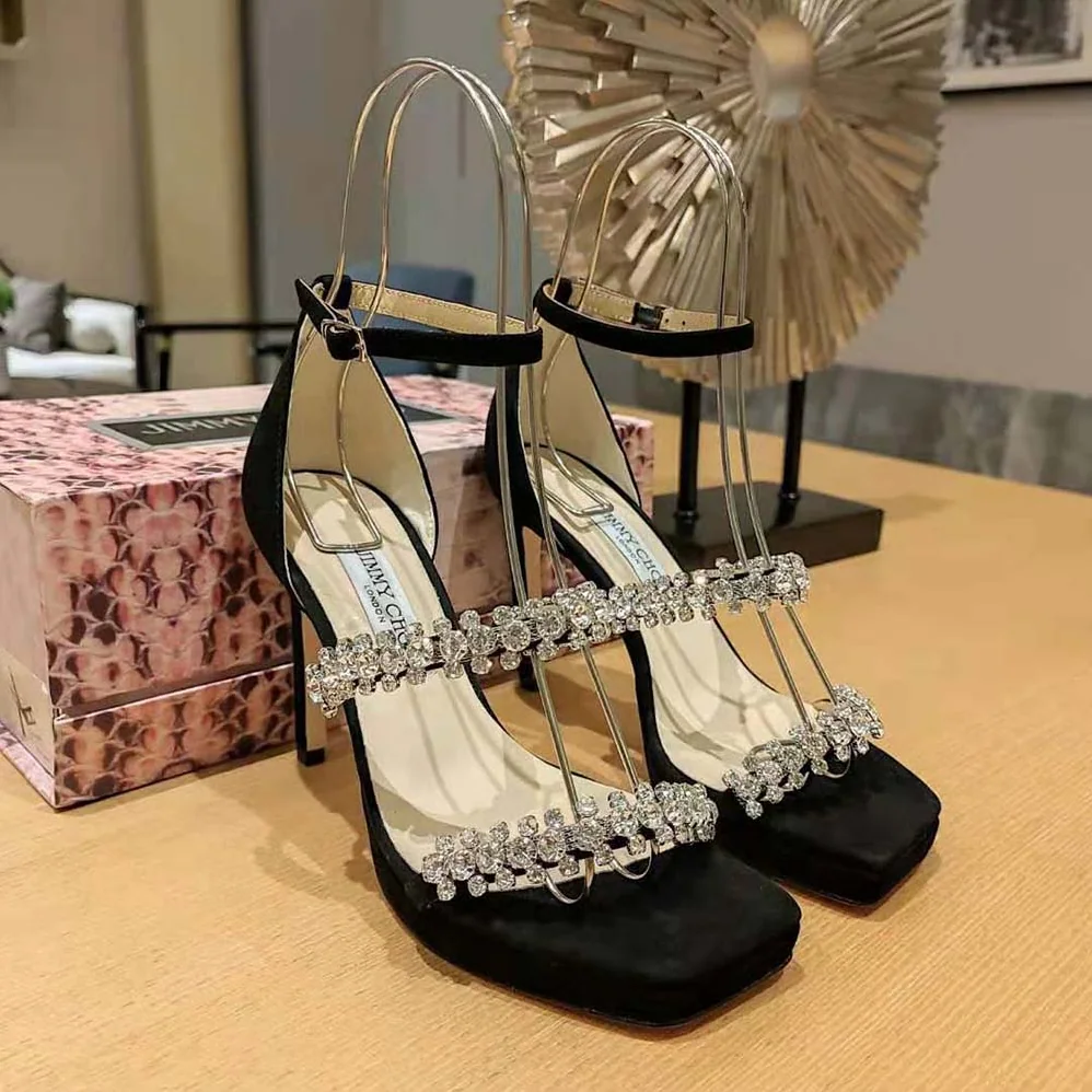 Jimmy Choo Bing Sandal 105 Black Suede Sandals with Crystal Straps for Women Jimmy Choo Bing Sandal 105 Black Suede Sandals with Crystal Straps for Women