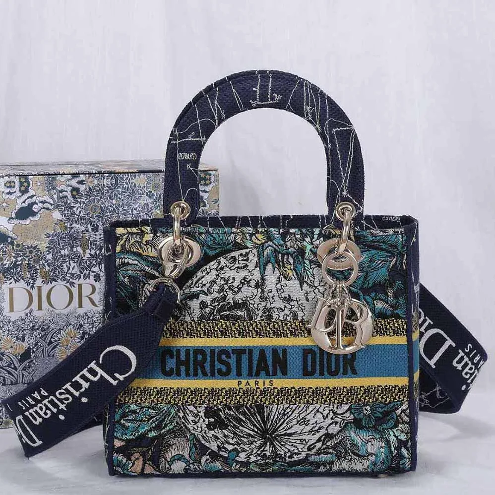 Dior Medium Lady D-lite Bag Latte Multicolor Dior Constellation Embroidery for Women in Blue