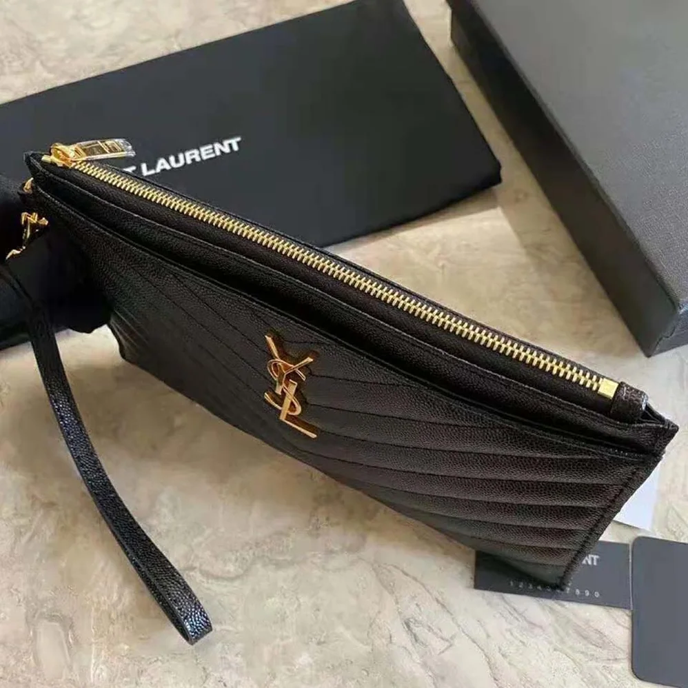 Saint Laurent YSL Large Monogram Bill Pouch in Grain DE Poudre Embossed Leather for Women in Black