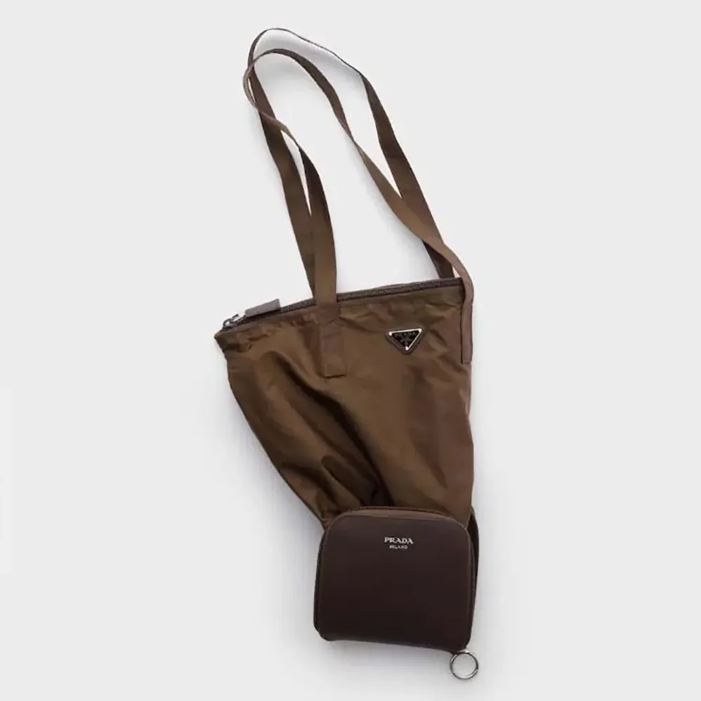 Prada Saffiano Leather Pendant With Re-Nylon Tote Bag for Women in Sienna Prada Saffiano Leather Pendant With Re-Nylon Tote Bag for Women in Sienna