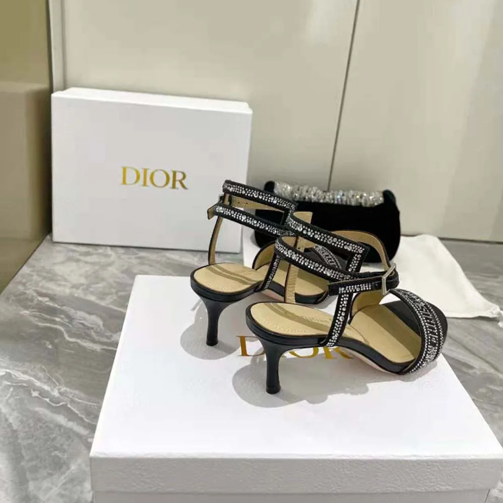 Dior Dway Heeled Sandal Black Cotton Embroidered with Thread and Silver for Women in Tone Strass