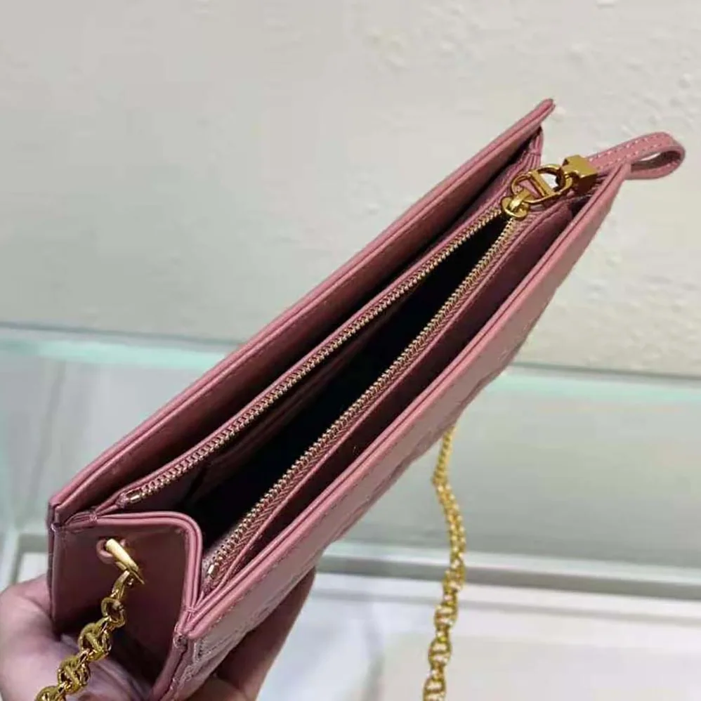 Dior Caro Zipped Pouch with Chain Cedar Green Supple Cannage Calfskin for Women in Pink Dior Caro Zipped Pouch with Chain Cedar Green Supple Cannage Calfskin for Women in Pink