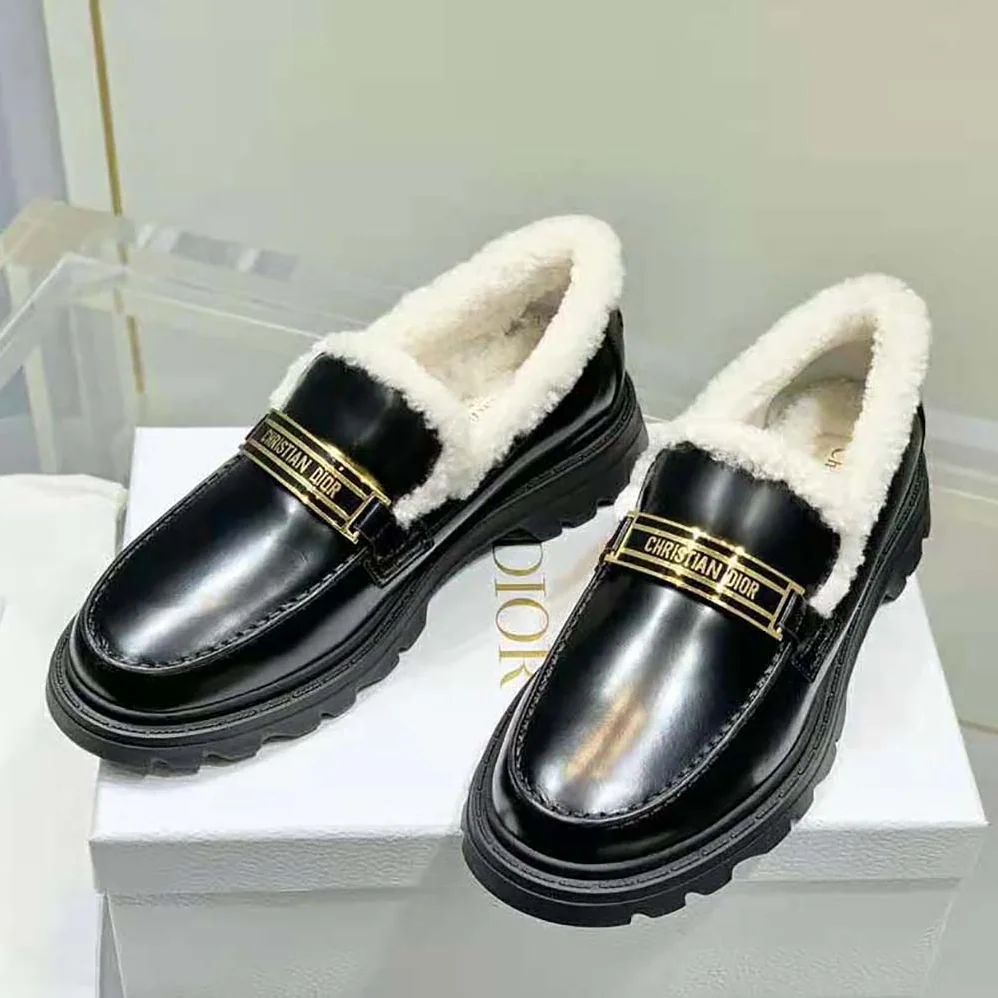 Dior Code Loafer Black Brushed Calfskin and White Shearling for Women Dior Code Loafer Black Brushed Calfskin and White Shearling for Women