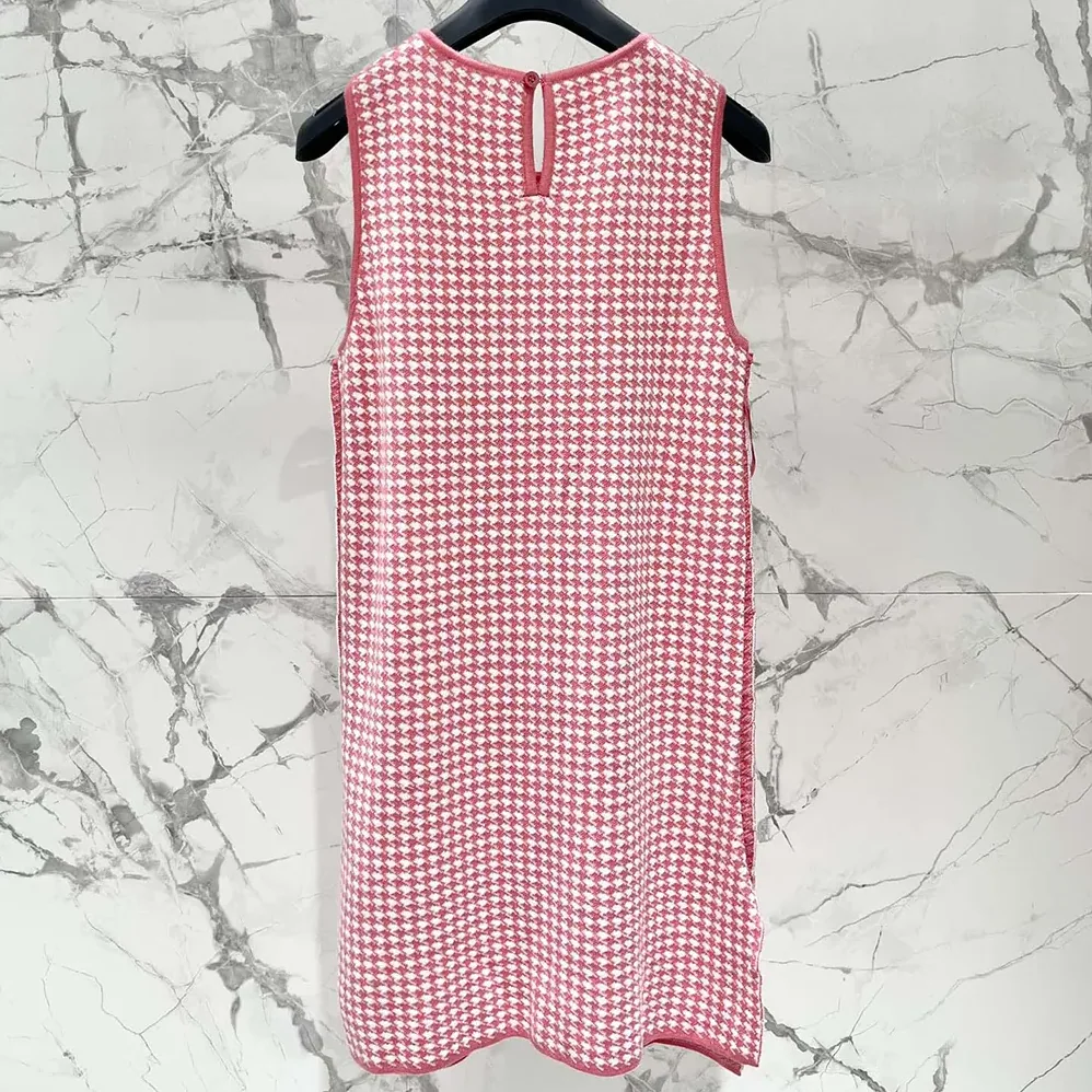 Dior Dioriviera Short Straight Dress White and Candy Pink Houndstooth Technical Knit for Women Dior Dioriviera Short Straight Dress White and Candy Pink Houndstooth Technical Knit for Women
