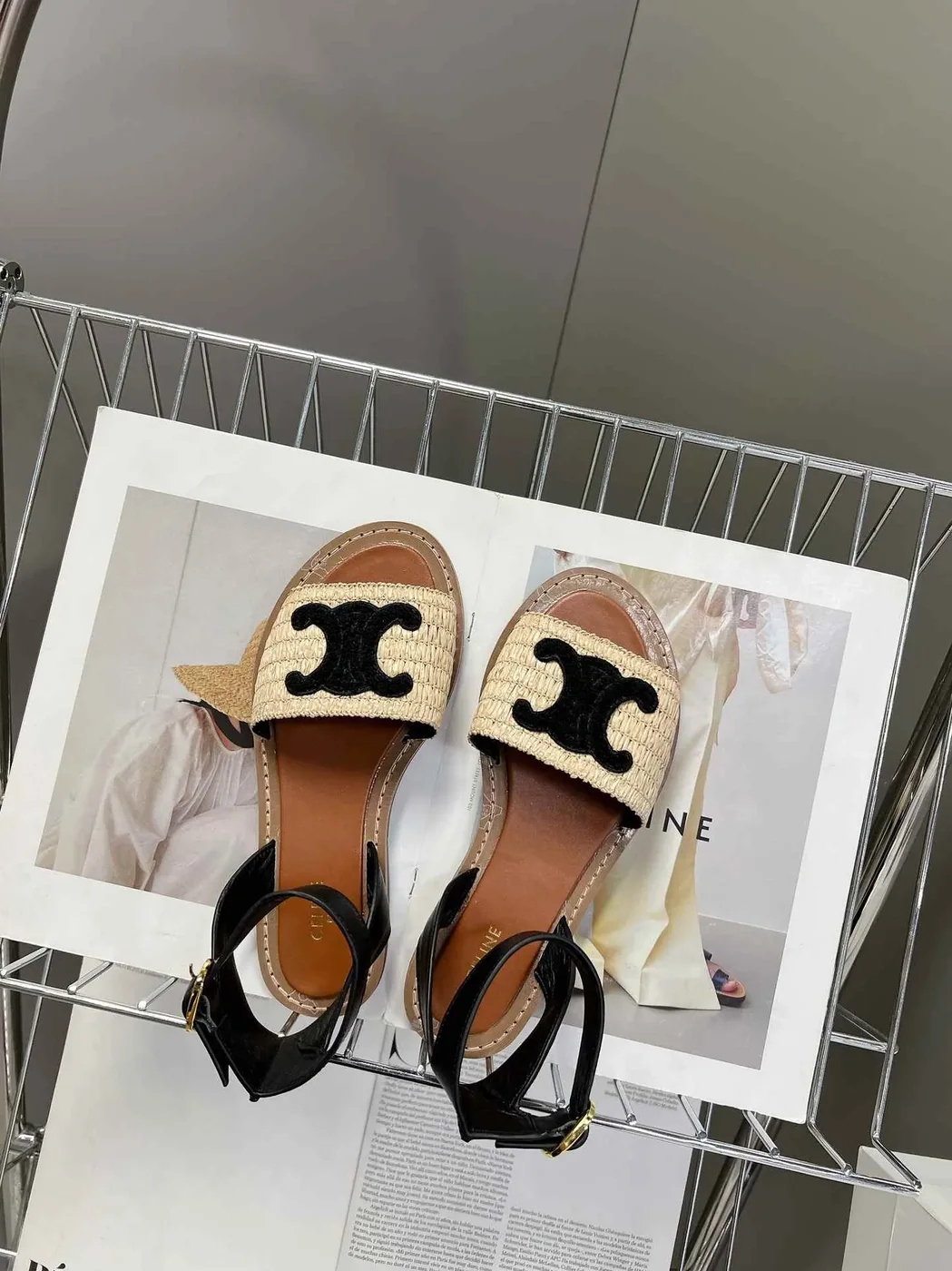 Celine Lympia Flat Strap Sandal In Raffia Black .02BL Celine Lympia Flat Strap Sandal In Raffia Black .02BL
