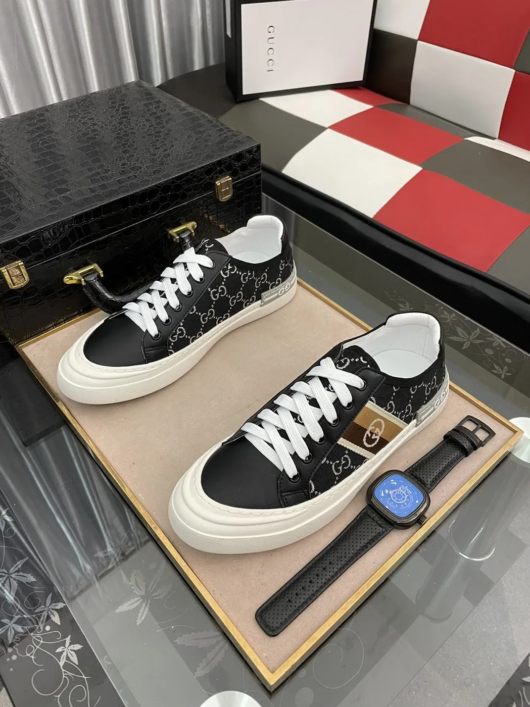 Gucci GG Embroidery Sneaker With Web Black for Men Gucci GG Embroidery Sneaker With Web Black for Men