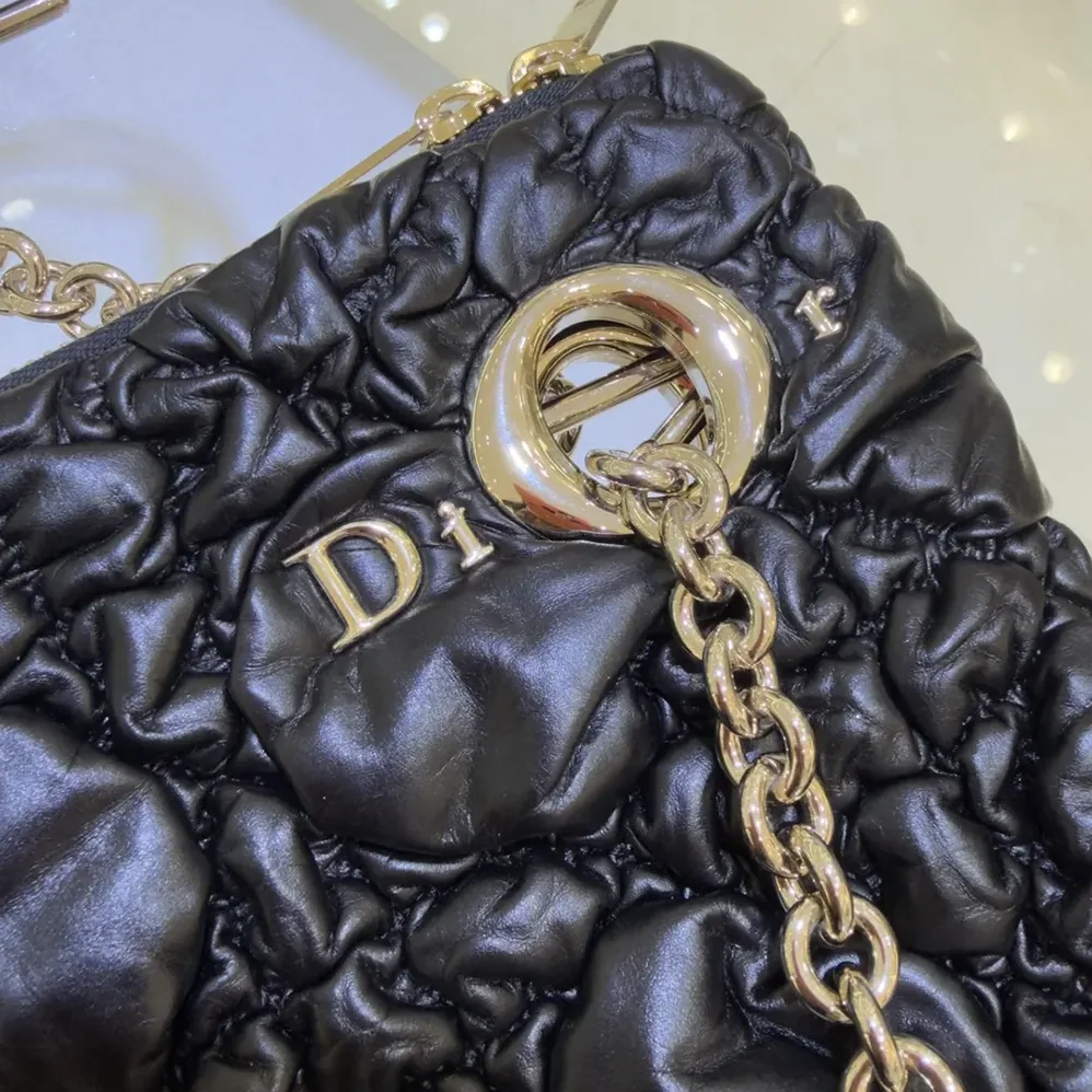 Dior Small Dior Crunchy Bag Black Puffy Macrocannage Calfskin for Women