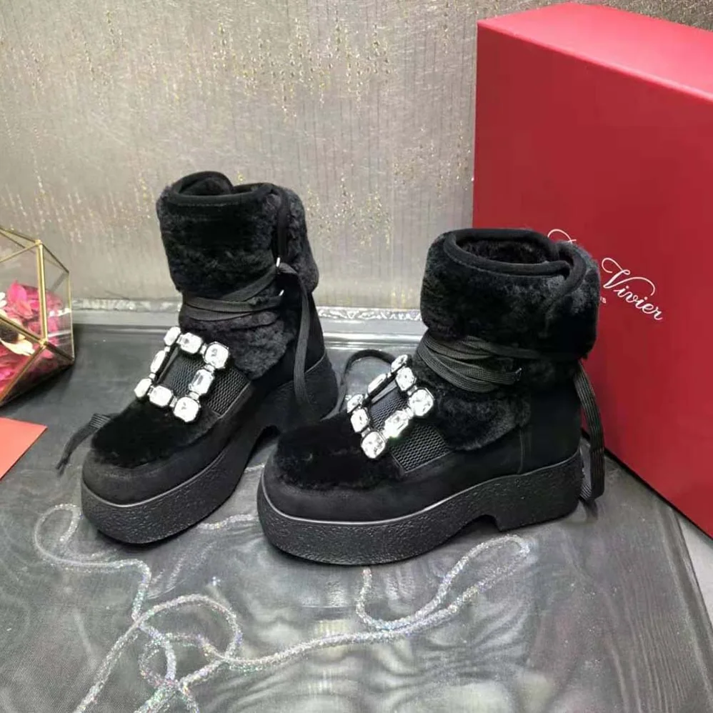 Roger Vivier Viv' Rangers Strass Buckle Flatform Booties in Suede for Women in Black Roger Vivier Viv' Rangers Strass Buckle Flatform Booties in Suede for Women in Black