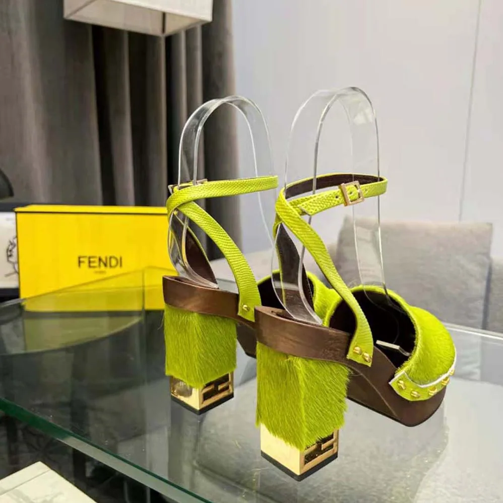 Fendi Baguette Show Green Pony Hair High for Women in Heeled Clogs Fendi Baguette Show Green Pony Hair High for Women in Heeled Clogs