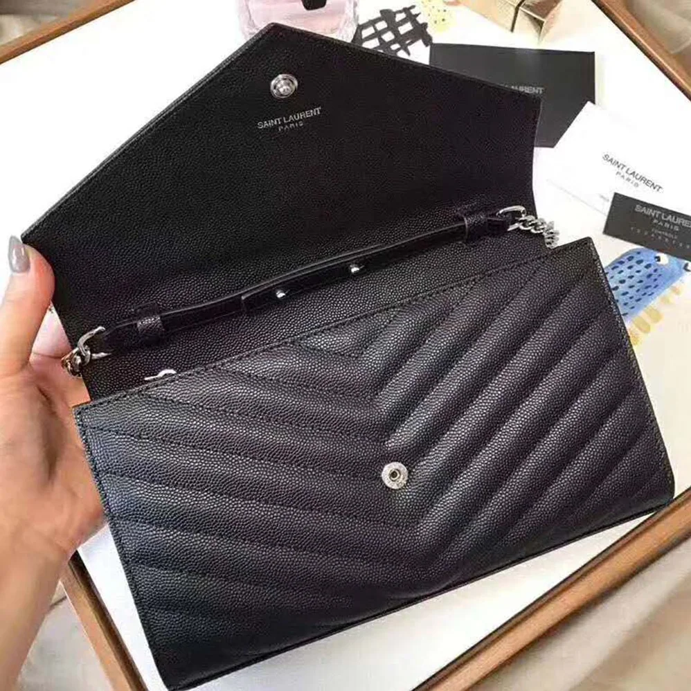 Saint Laurent Monogram Chain Wallet Grain De Poudre Embossed in Silver