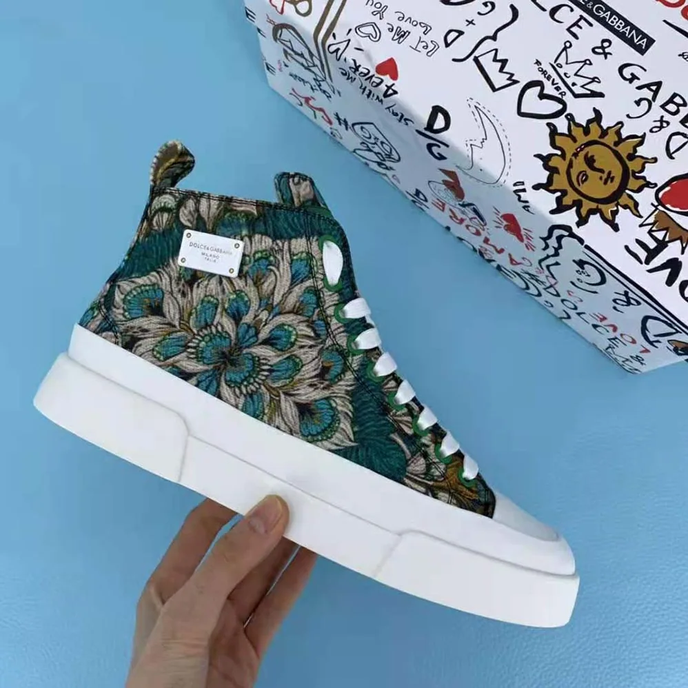 Dolce Gabbana D&G Brocade Portofino Light High-Top Sneakers with Logo Plate for Women