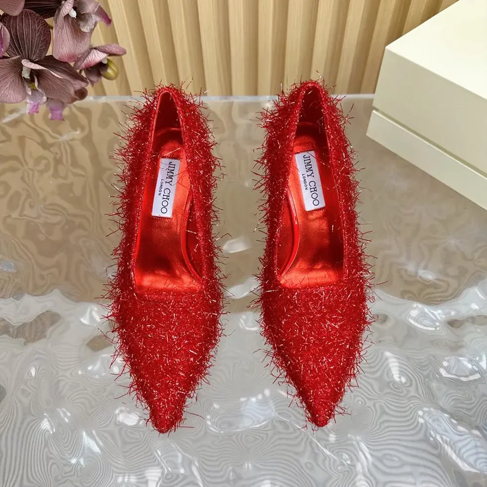 Jimmy Choo Ixia 95 Ruby Red Tinsel Pumps for Women Jimmy Choo Ixia 95 Ruby Red Tinsel Pumps for Women