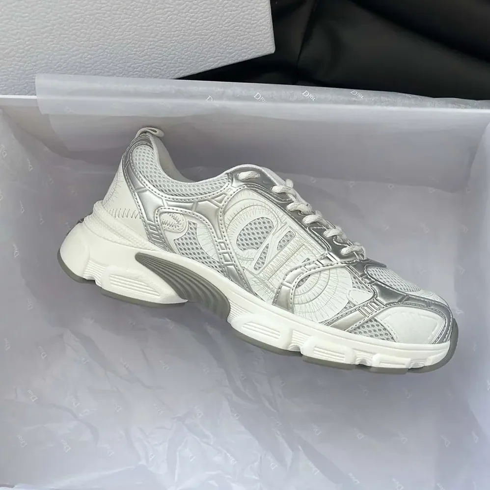 Dior Chrono Sneaker White Mesh with Silver-Tone and White Laminated Leather for Unisex in Effect Inserts