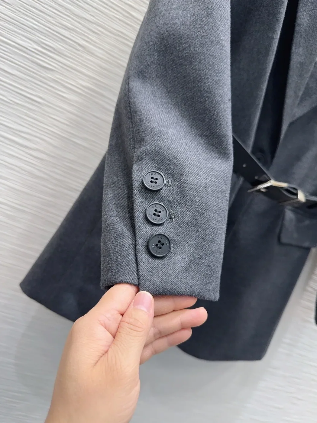 Prada Belted Tailored Blazer With Triangle Logo Grey