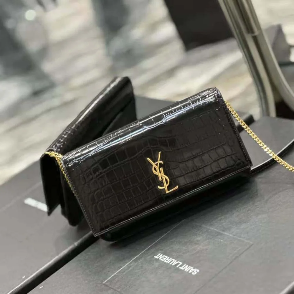 Saint Laurent YSL Cassandre Phone Holder with Strap in Shiny Crocodile-Embossed Leather for Women in Black Saint Laurent YSL Cassandre Phone Holder with Strap in Shiny Crocodile-Embossed Leather for Women in Black
