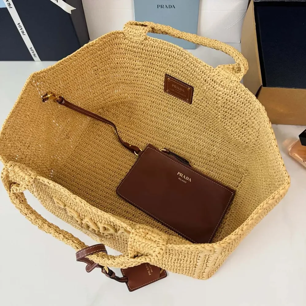 Prada Large Crochet Tote Bag with Leather Details for Women in Natural Prada Large Crochet Tote Bag with Leather Details for Women in Natural