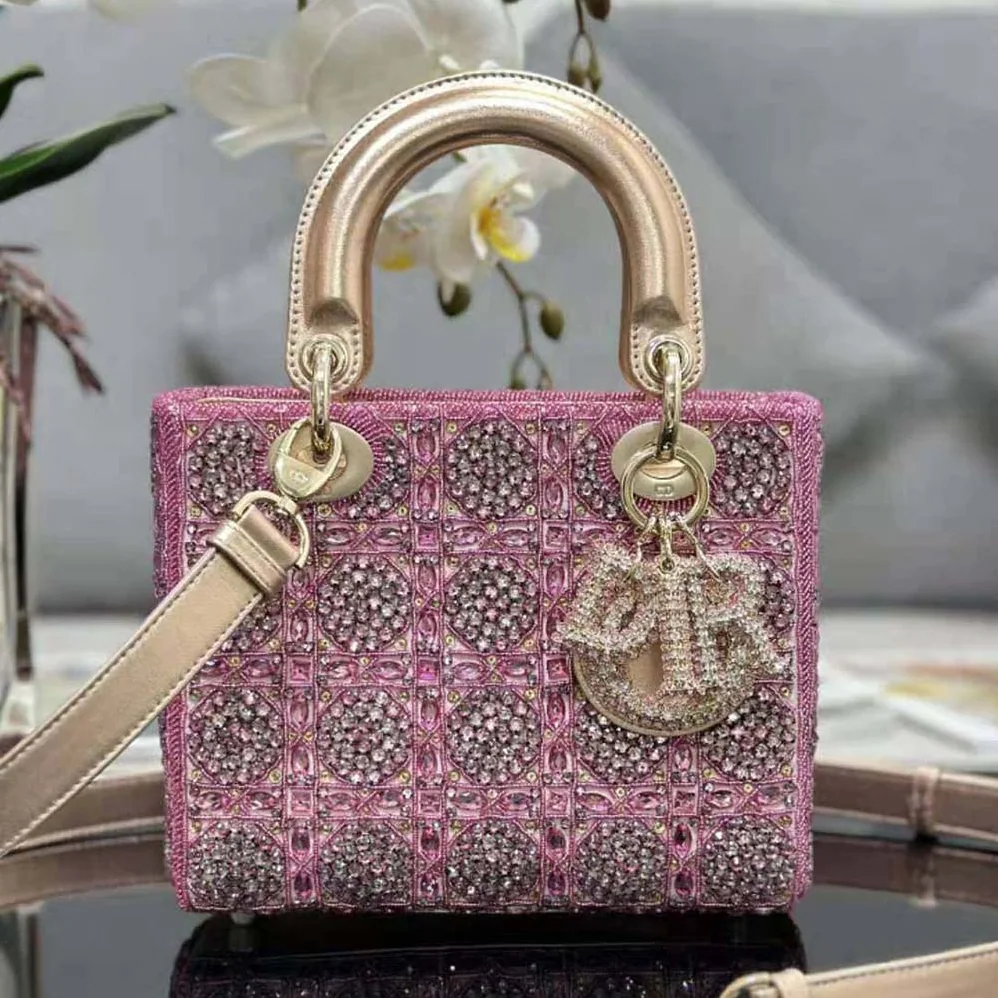 Dior Small Lady Dior Bag Metallic Calfskin and Satin with Rose Des Vents Resin Pearl Embroidery for Women Dior Small Lady Dior Bag Metallic Calfskin and Satin with Rose Des Vents Resin Pearl Embroidery for Women