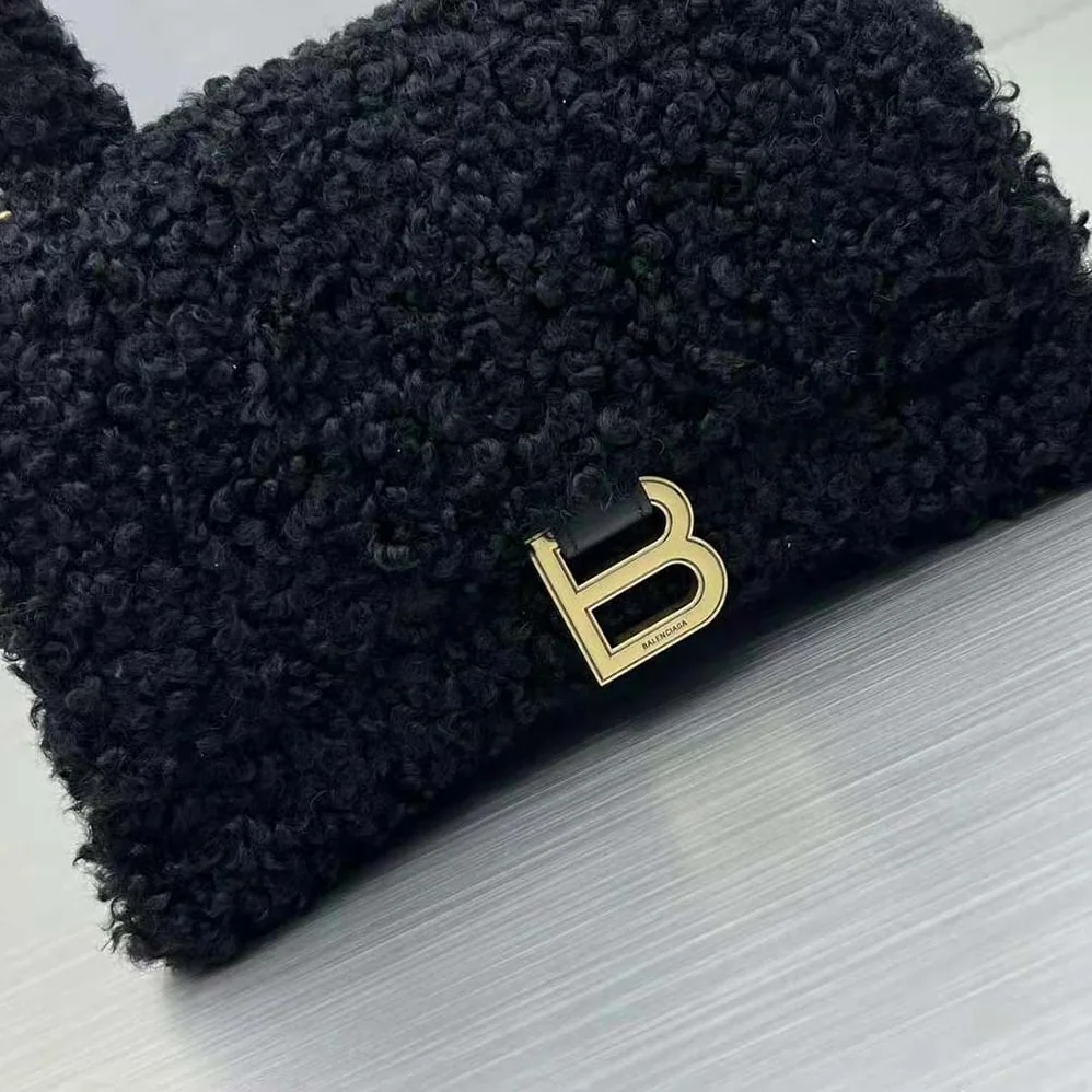 Balenciaga Furry Hourglass Small Handbag with Strap in Black for Women Balenciaga Furry Hourglass Small Handbag with Strap in Black for Women