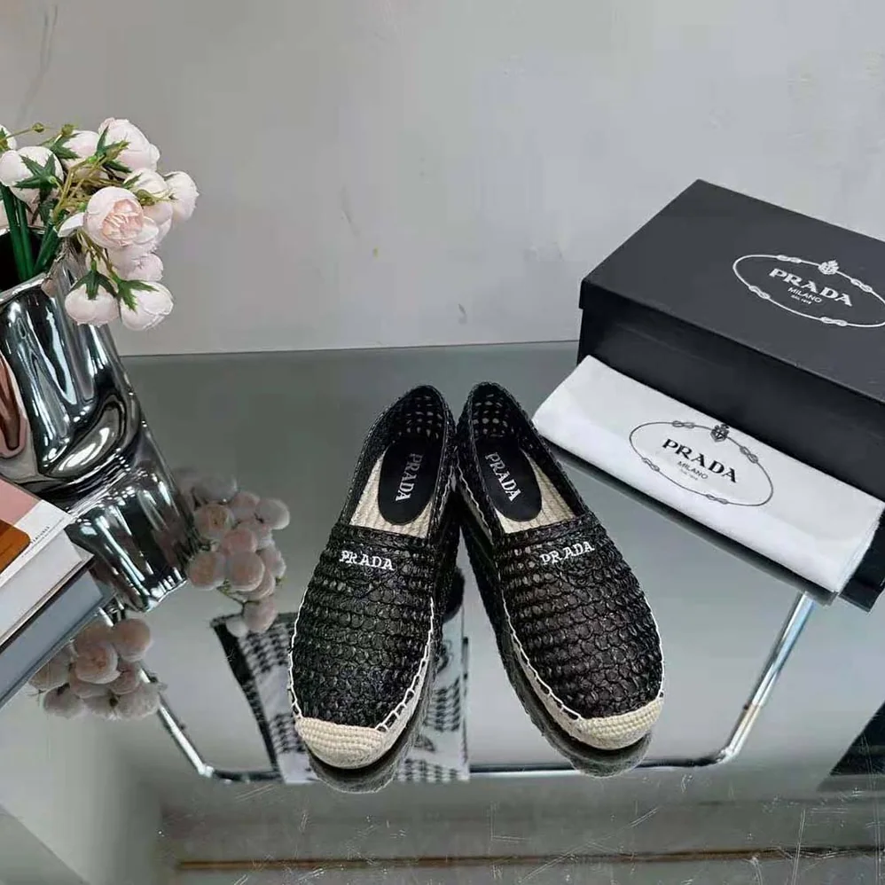Prada Crochet Espadrilles with Embroidered Logo for Women in Black Prada Crochet Espadrilles with Embroidered Logo for Women in Black