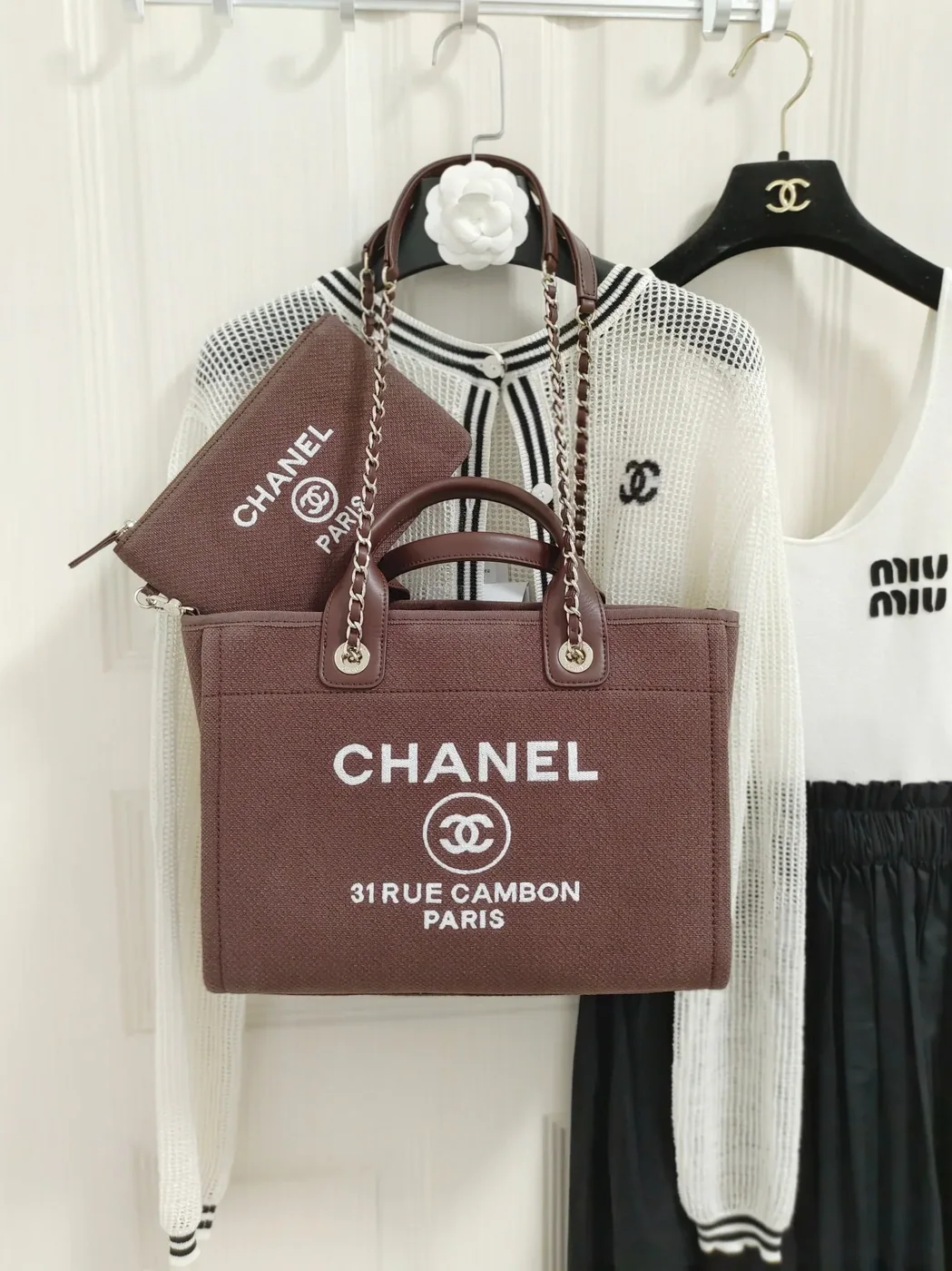 Chanel Deauville Tote Bag in Burgundy Silver Hardware