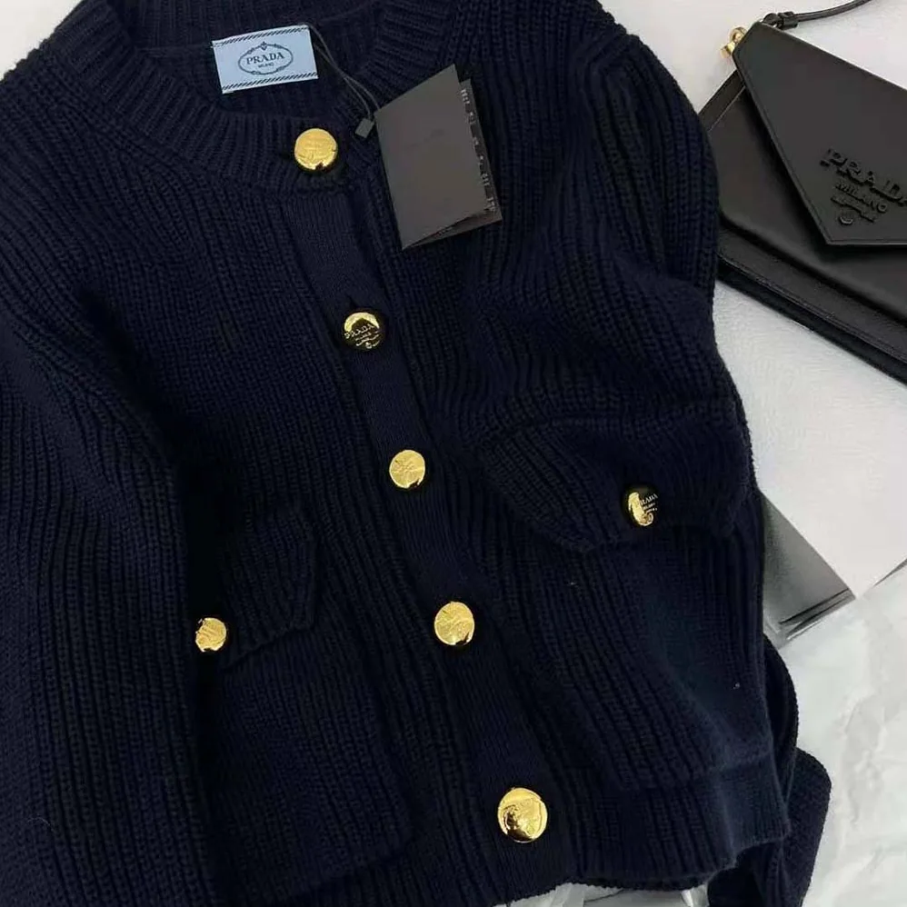 Prada Wool Cardigan with Contemporary Elegance Features Shiny Gold Buttons