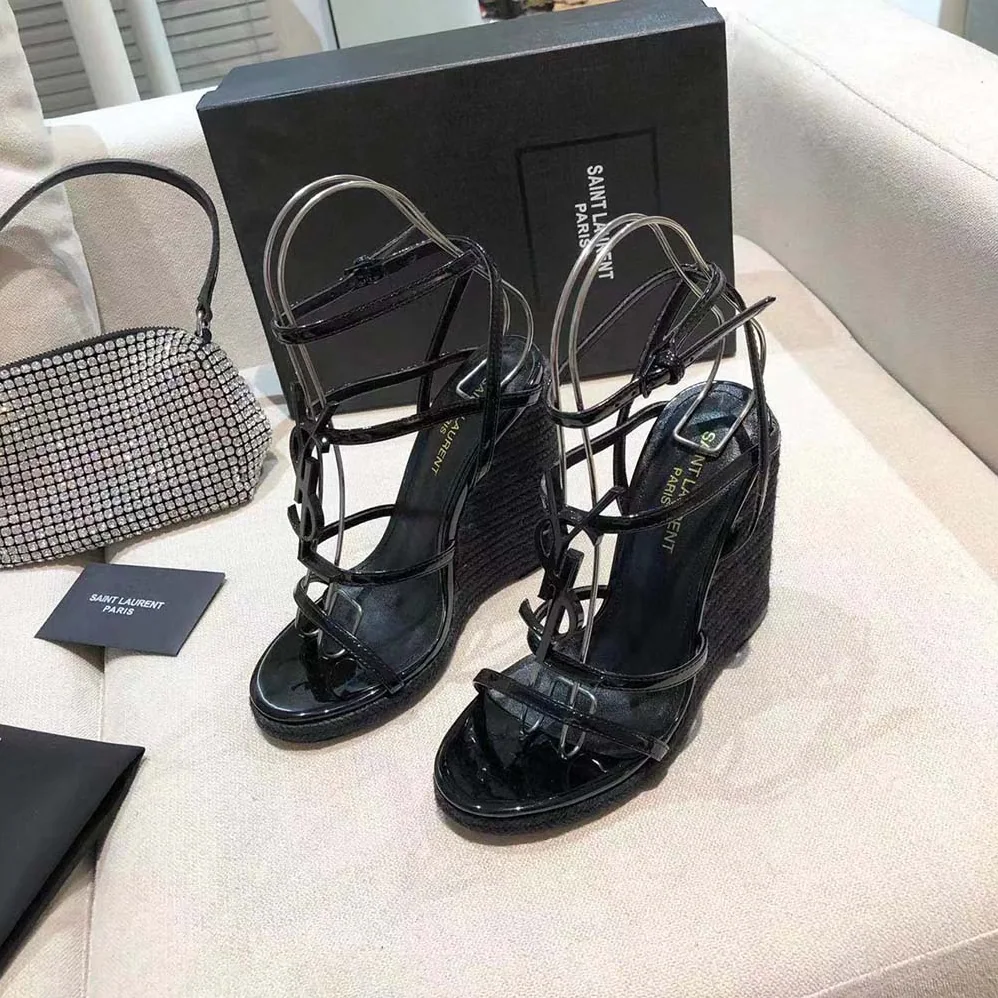 Saint Laurent YSL Cassandra Wedge Espadrilles in Leather for Women